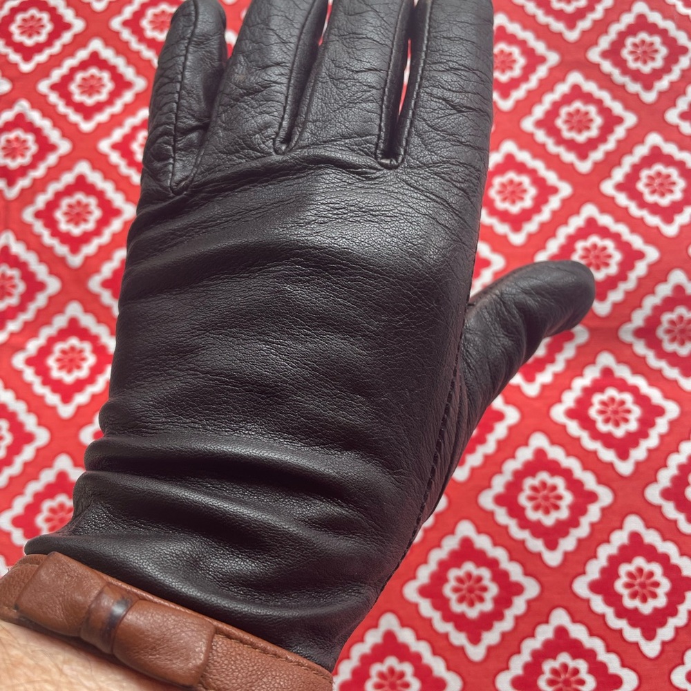 Lauren Ralph Lauren Black Leather Gloves Brown Bow Trim Size Medium